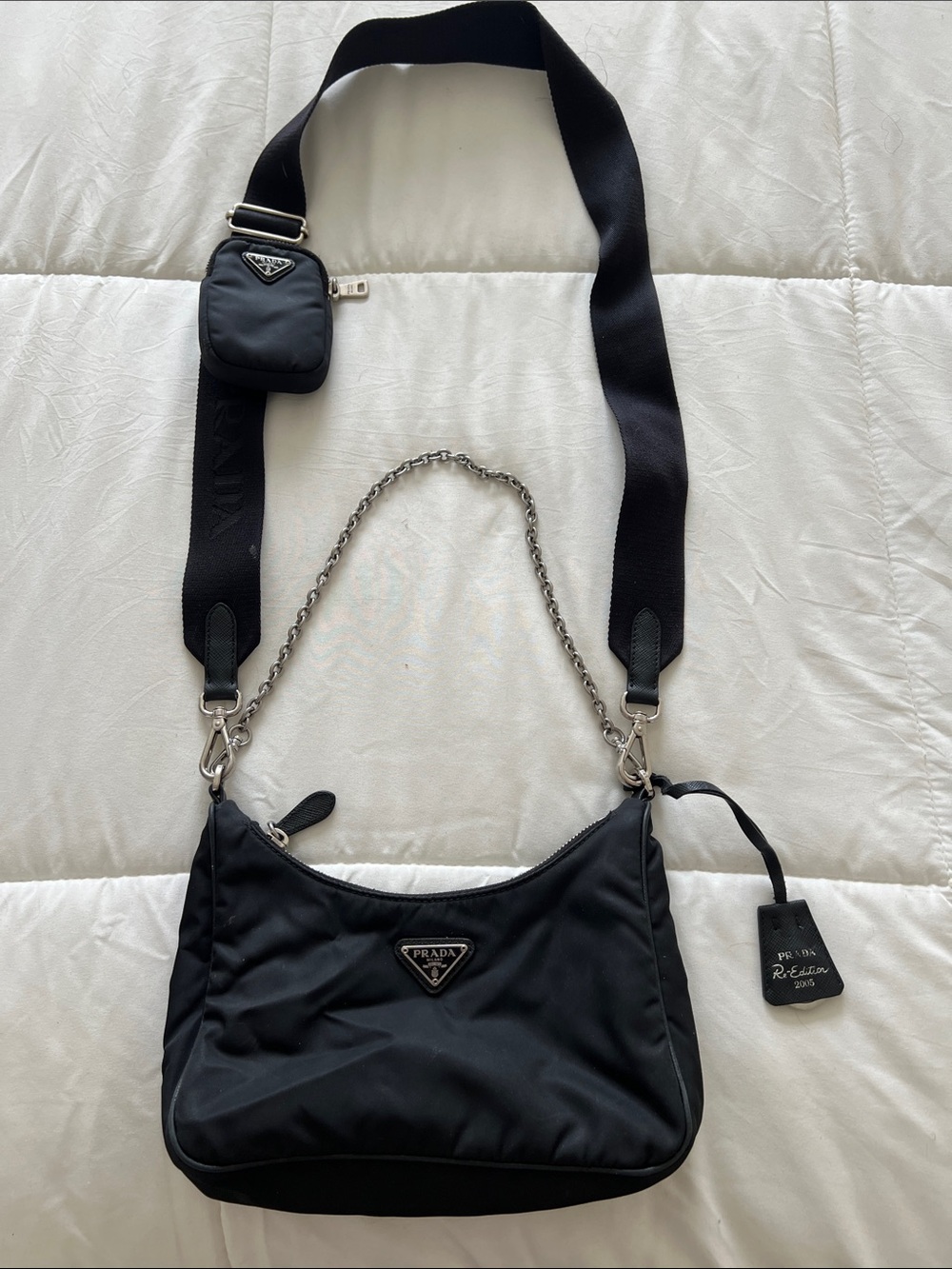 Prada Black Nylon Shoulder Bag with Chain and Wide Strap